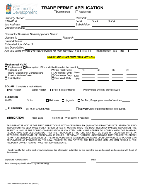 Trade Permit Application - Lee County, Florida Download Pdf