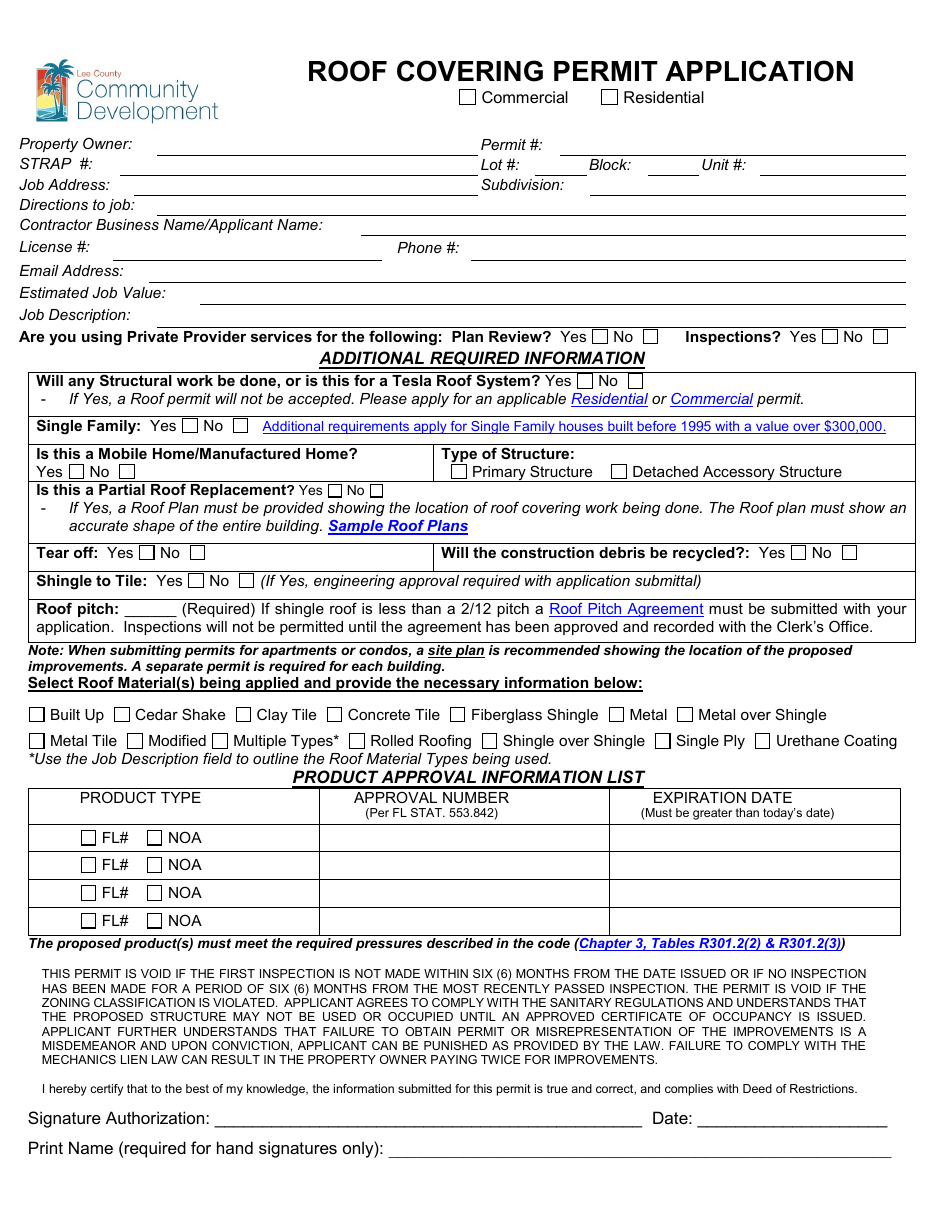 Roof Covering Permit Application - Lee County, Florida, Page 1
