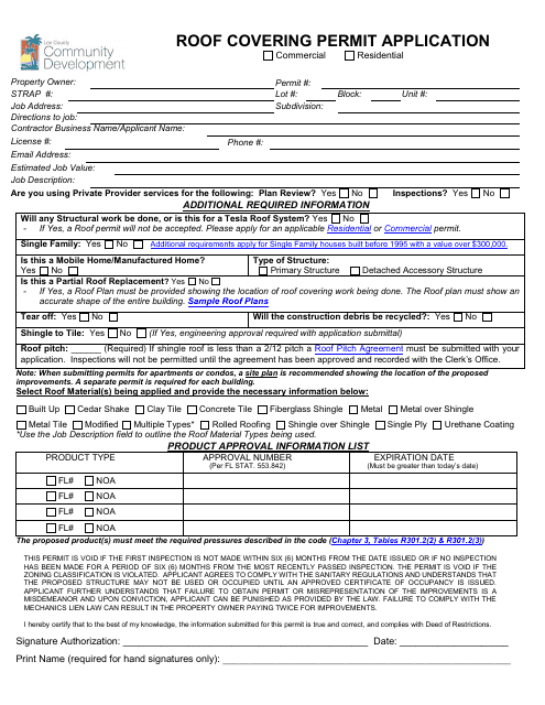 Roof Covering Permit Application - Lee County, Florida Download Pdf