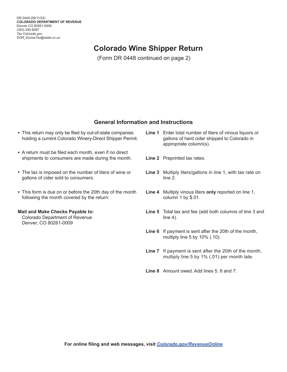 Form DR0448 Colorado Wine Shipper Return - Colorado, Page 1