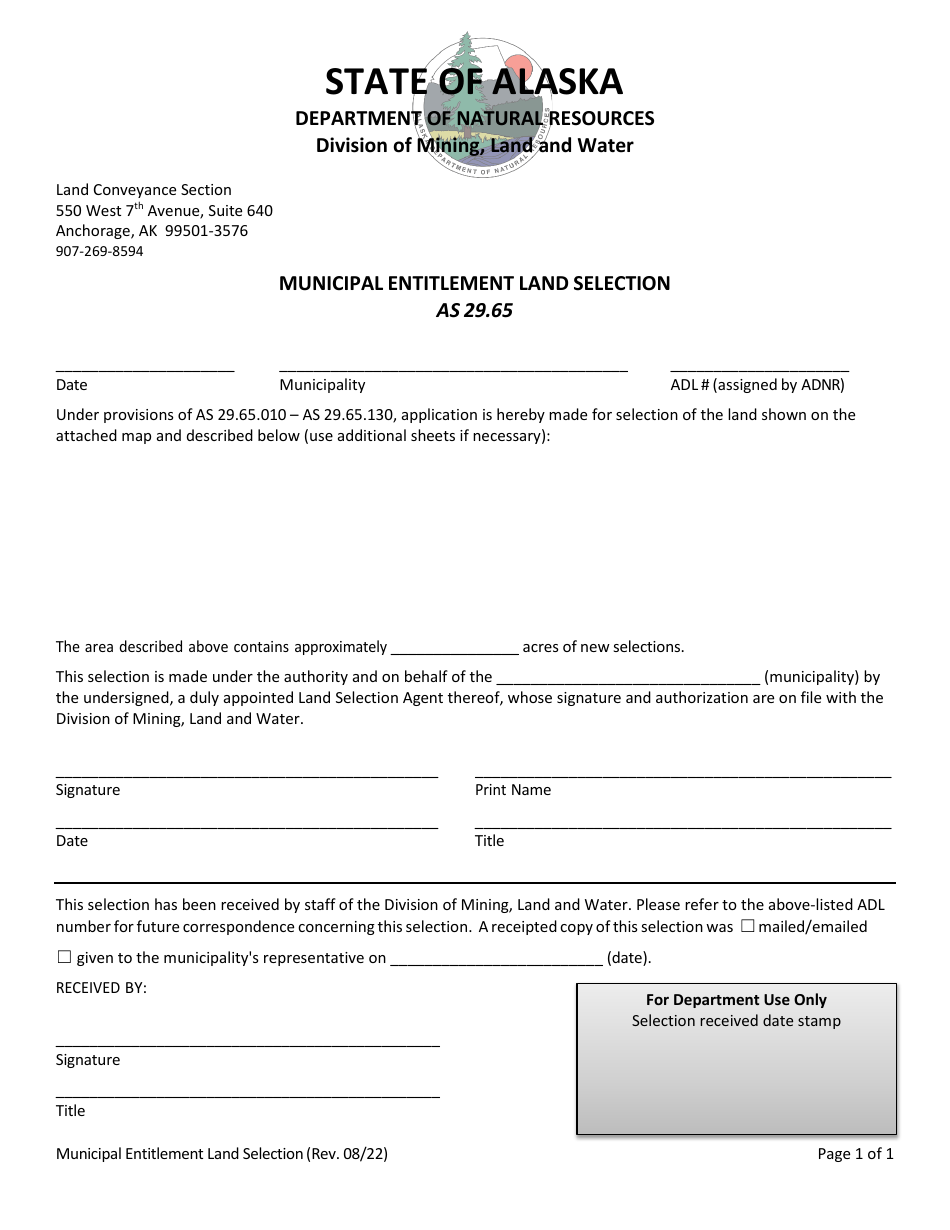 Municipal Entitlement Land Selection Form - Alaska, Page 1