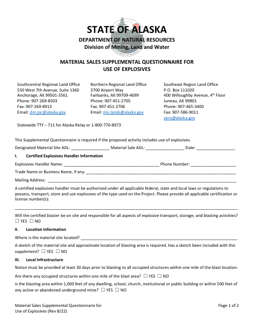 Material Sales Supplemental Questionnaire for Use of Explosives - Alaska Download Pdf