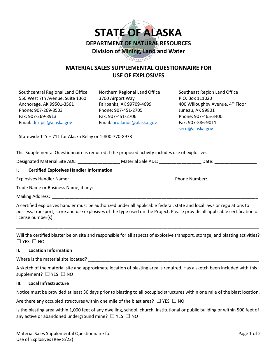 Material Sales Supplemental Questionnaire for Use of Explosives - Alaska, Page 1
