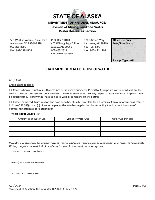 Form 102-1003A  Printable Pdf