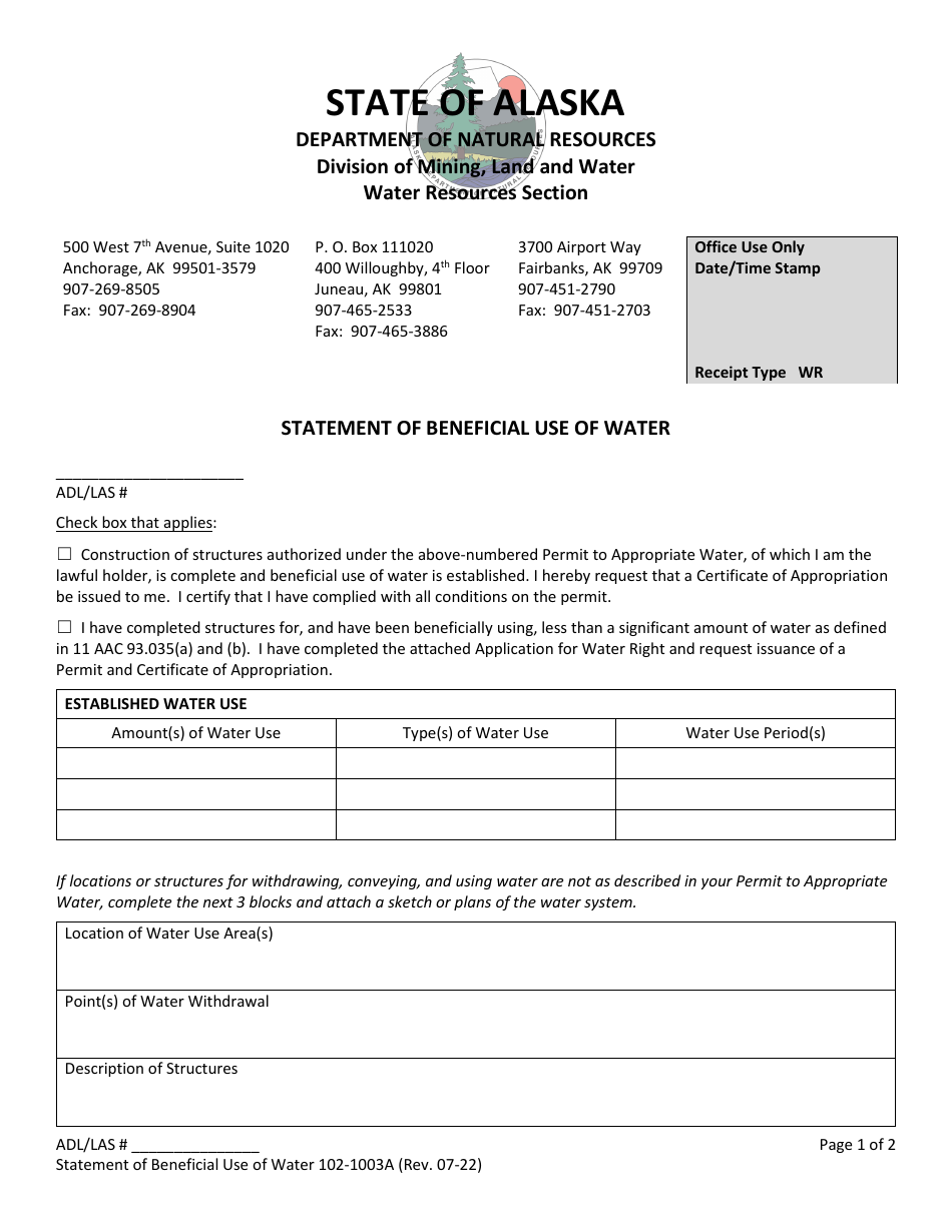 Form 102-1003A Statement of Beneficial Use of Water - Alaska, Page 1