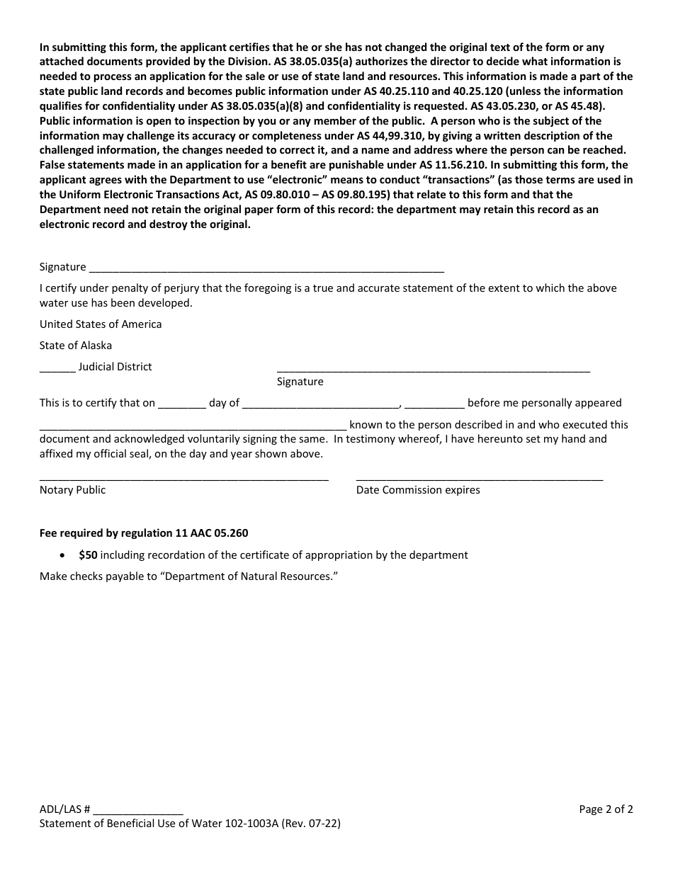 Form 102-1003A Statement of Beneficial Use of Water - Alaska, Page 2