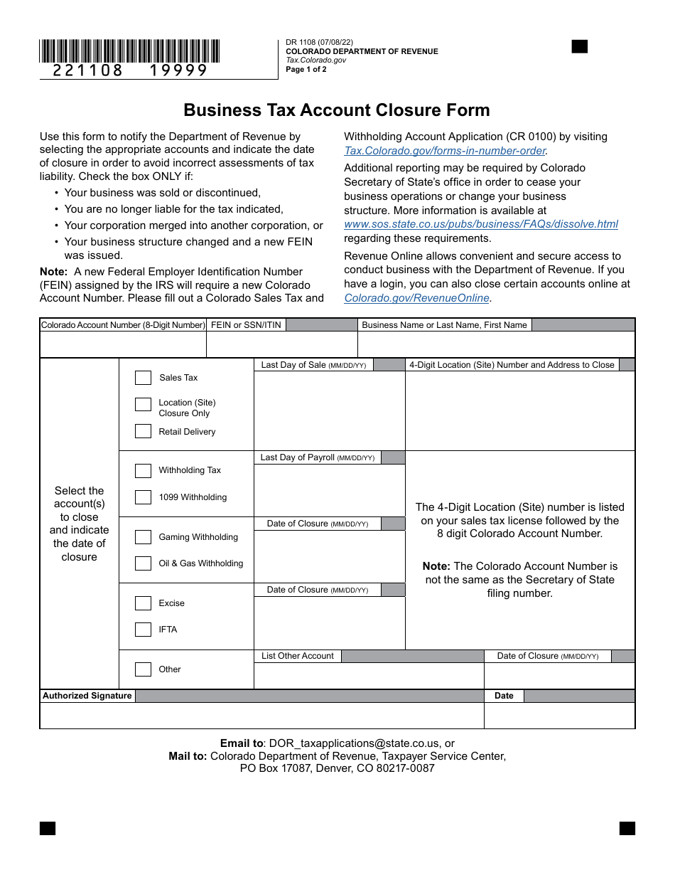 Form DR1108 Business Tax Account Closure Form - Colorado, Page 1