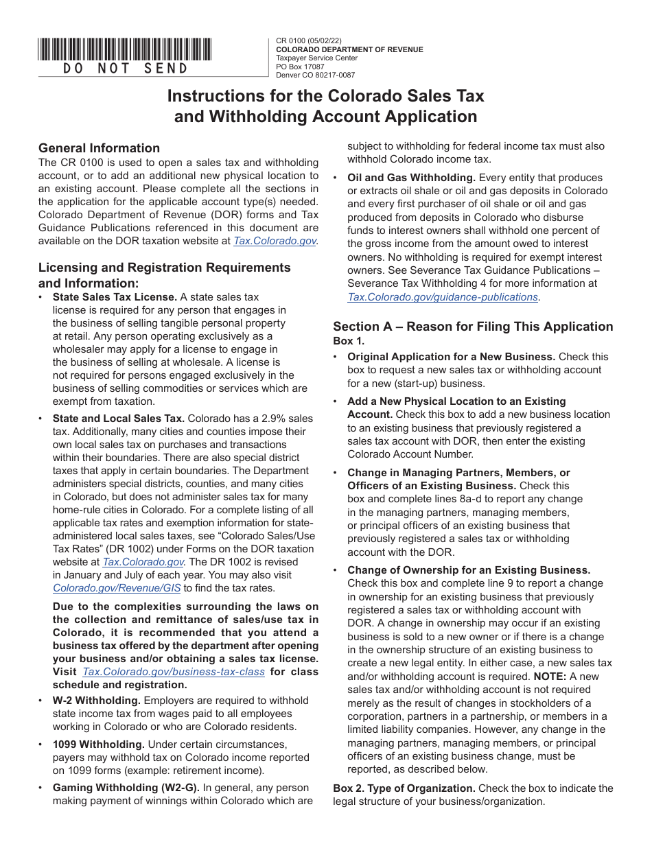 Form CR0100 Colorado Sales Tax and Withholding Account Application - Colorado, Page 1
