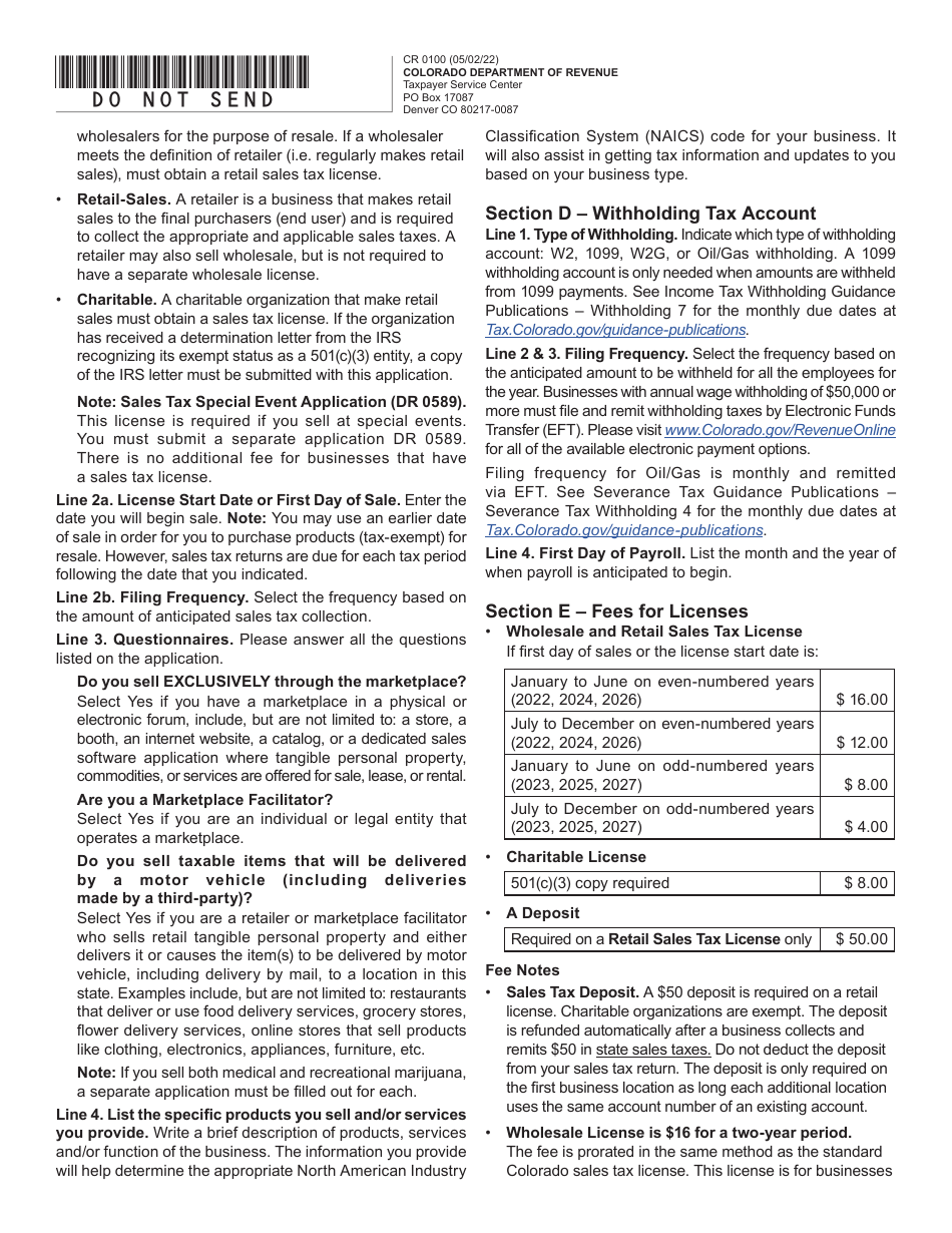 Form CR0100 Colorado Sales Tax and Withholding Account Application - Colorado, Page 3