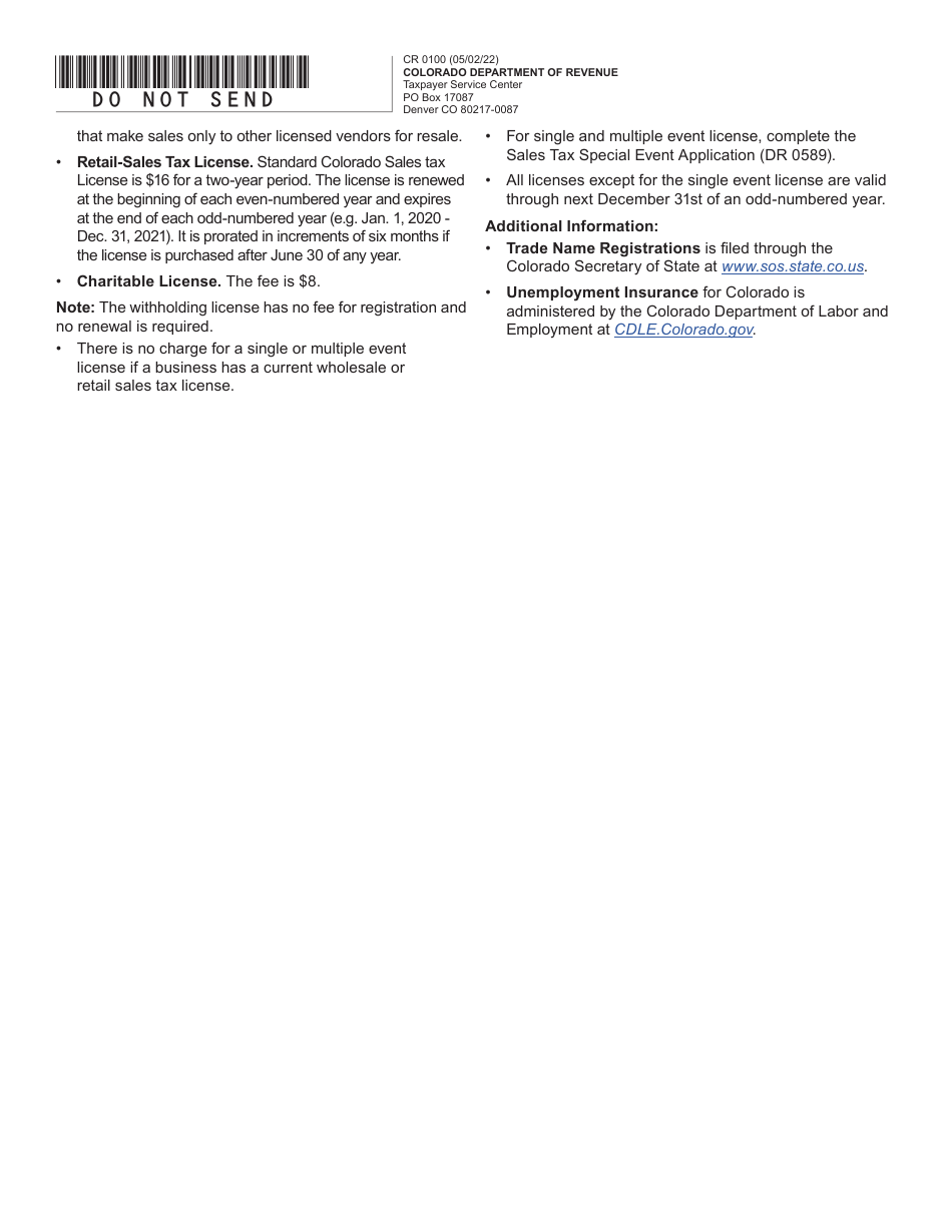 Form CR0100 Colorado Sales Tax and Withholding Account Application - Colorado, Page 4