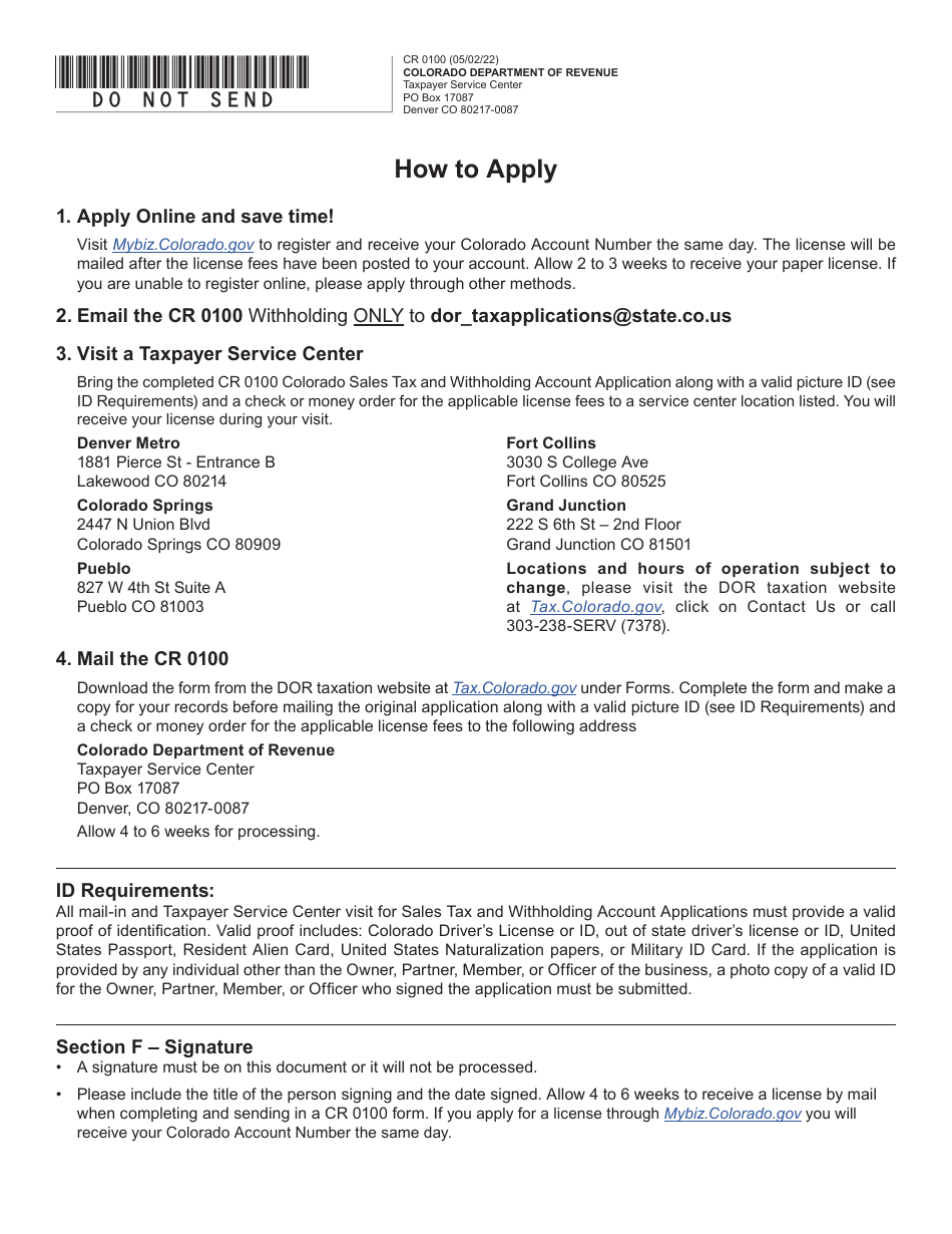 Form CR0100 Colorado Sales Tax and Withholding Account Application - Colorado, Page 5