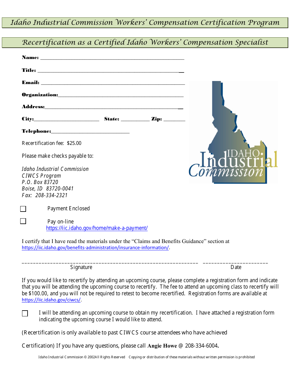Recertification as a Certified Idaho Workers Compensation Specialist - Idaho Industrial Commission Workers Compensation Certification Program - Idaho, Page 1