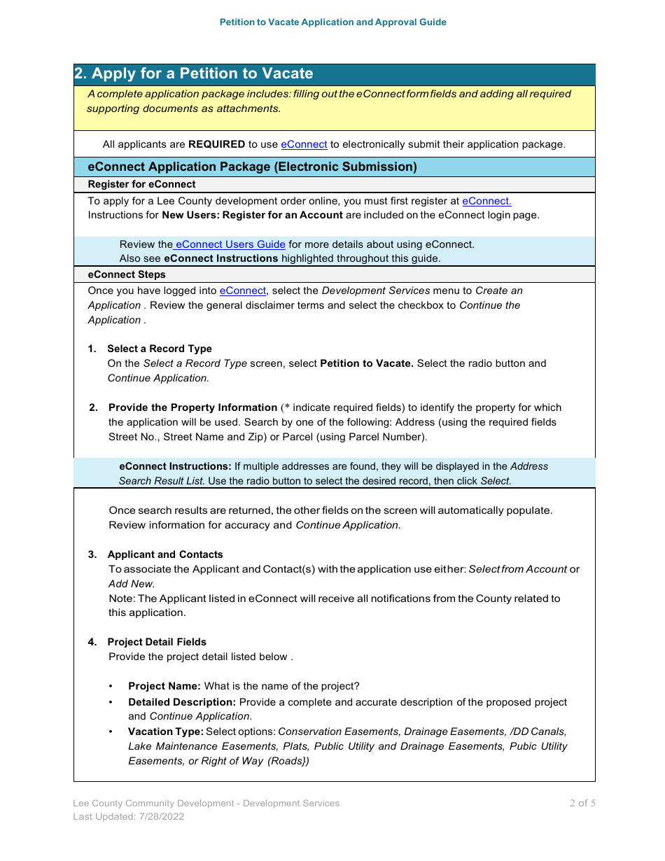 Petition to Vacate Application and Approval Guide - Lee County, Florida, Page 2