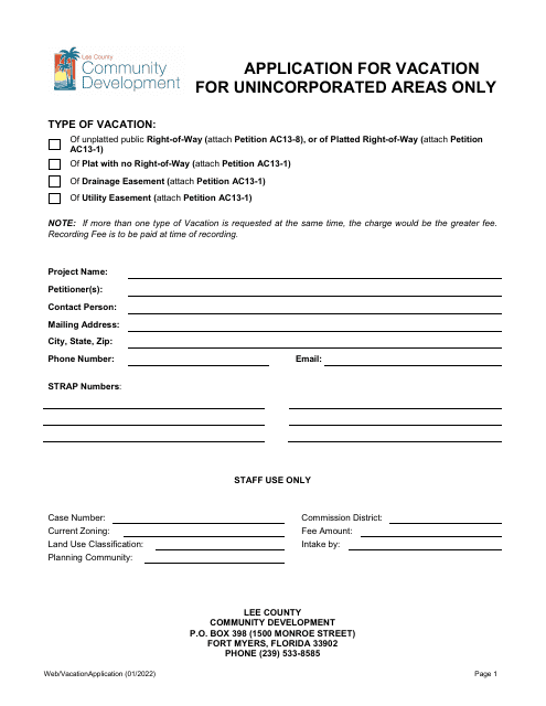 Application for Vacation for Unincorporated Areas Only - Lee County, Florida Download Pdf