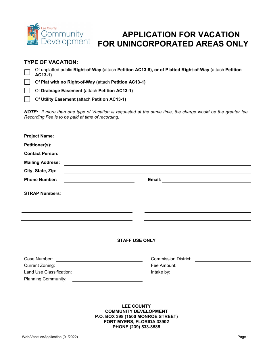 Application for Vacation for Unincorporated Areas Only - Lee County, Florida, Page 1