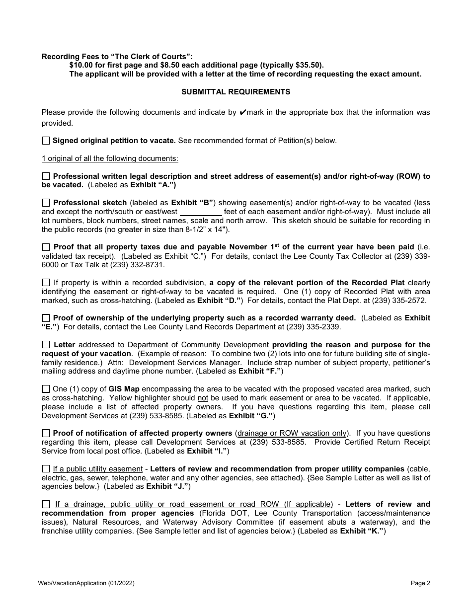 Application for Vacation for Unincorporated Areas Only - Lee County, Florida, Page 2