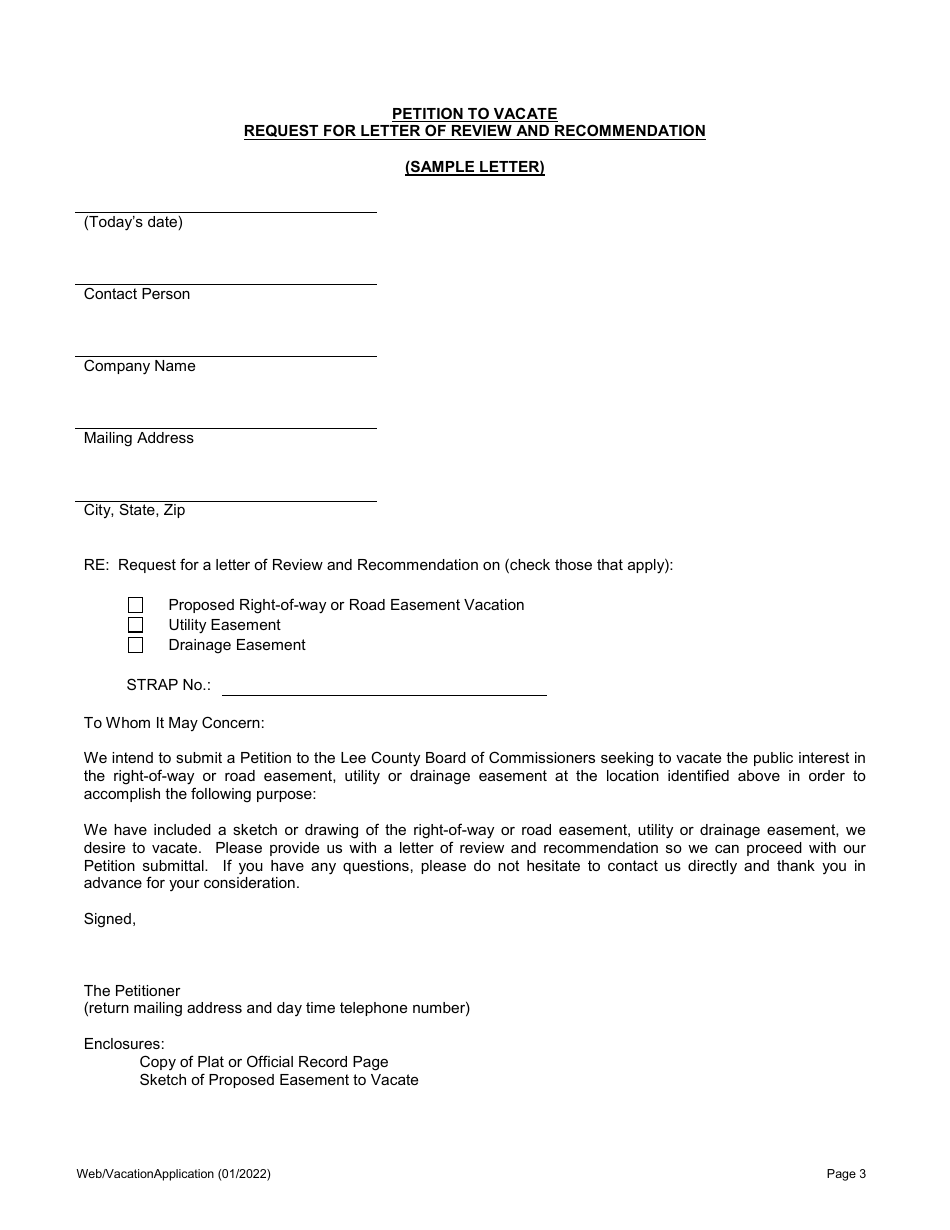 Application for Vacation for Unincorporated Areas Only - Lee County, Florida, Page 3