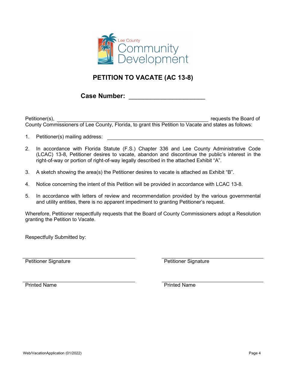 Application for Vacation for Unincorporated Areas Only - Lee County, Florida, Page 4