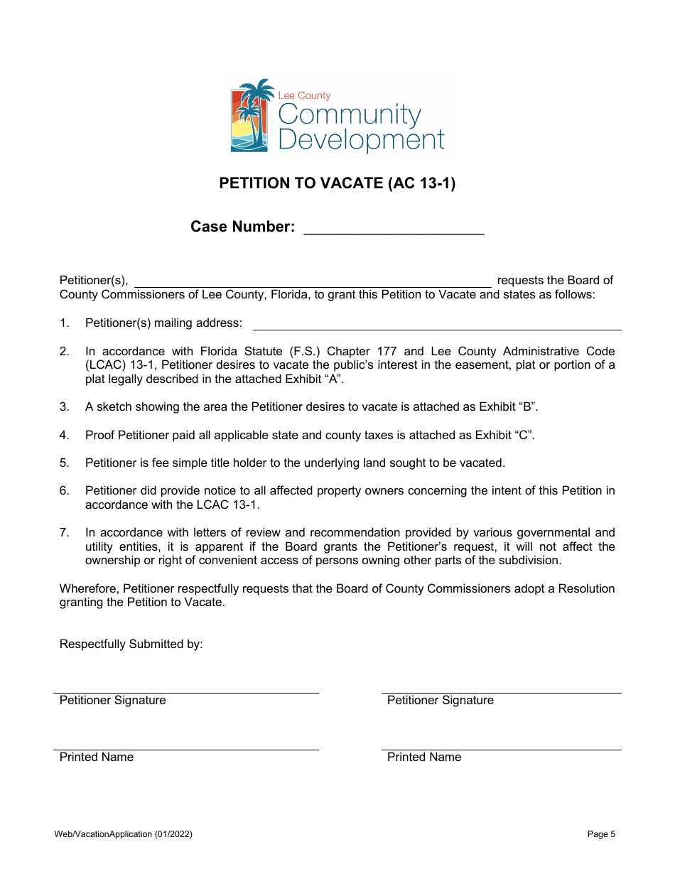 Application for Vacation for Unincorporated Areas Only - Lee County, Florida, Page 5