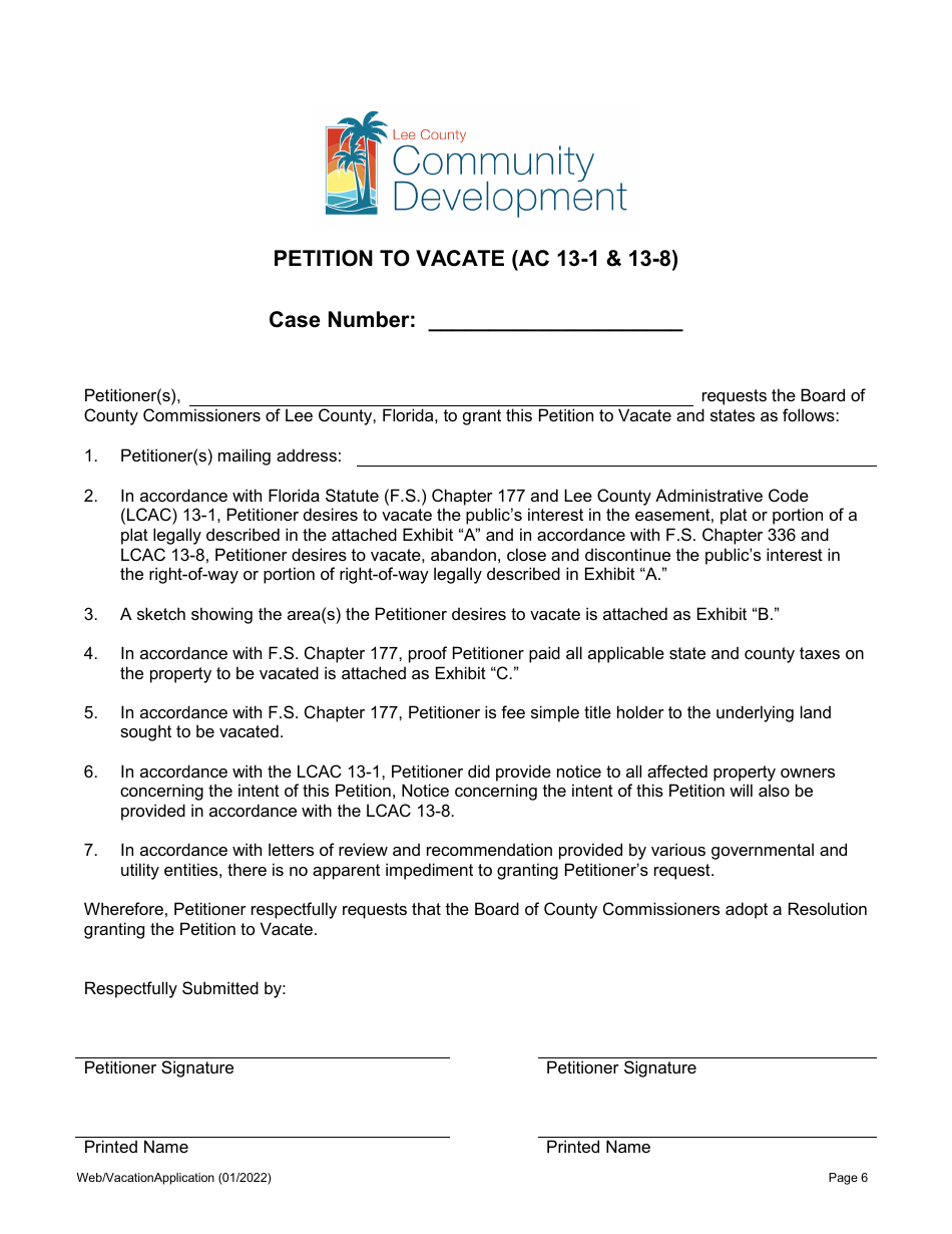 Application for Vacation for Unincorporated Areas Only - Lee County, Florida, Page 6