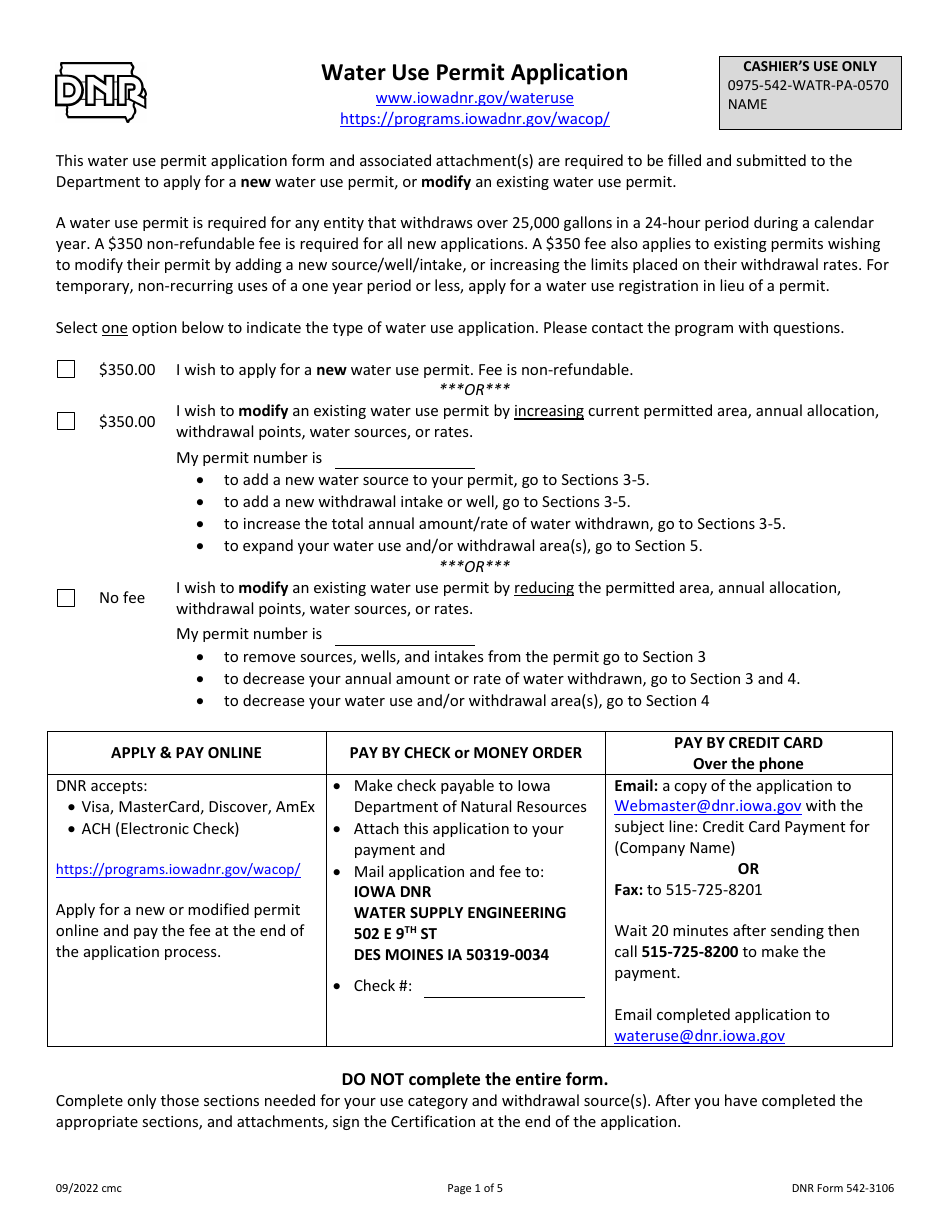 DNR Form 542-3106 Water Use Permit Application - Iowa, Page 1