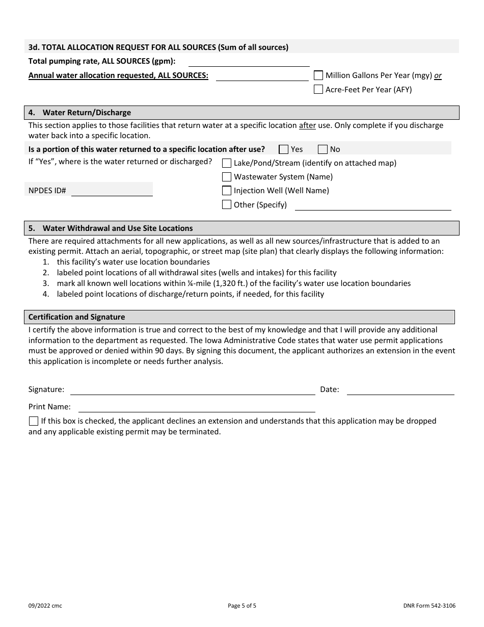 DNR Form 542-3106 Water Use Permit Application - Iowa, Page 5