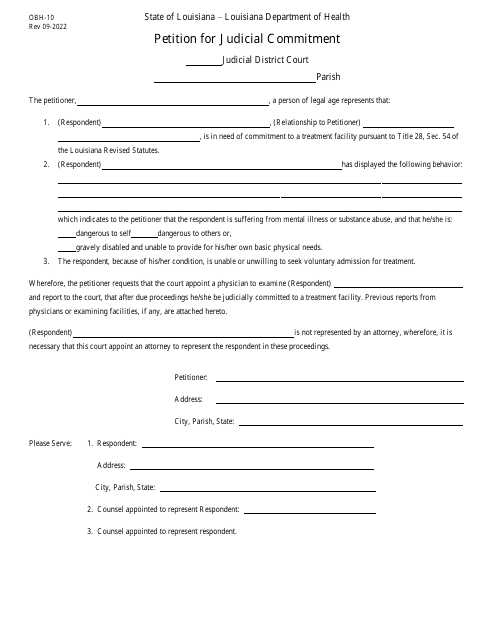 Form OBH-10 Petition for Judicial Commitment - Louisiana