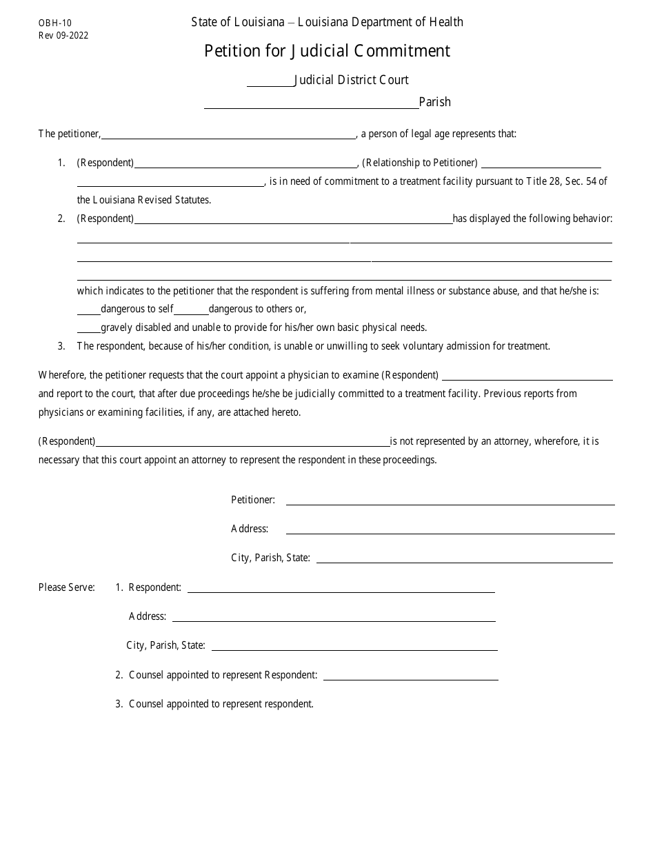 Form OBH-10 Petition for Judicial Commitment - Louisiana, Page 1