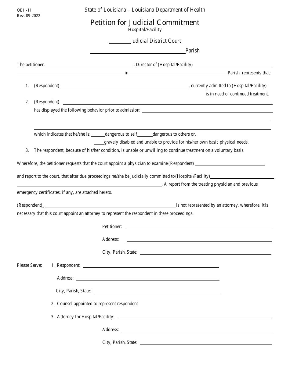Form OBH-11 Petition for Judicial Commitment - Hospital / Facility - Louisiana, Page 1