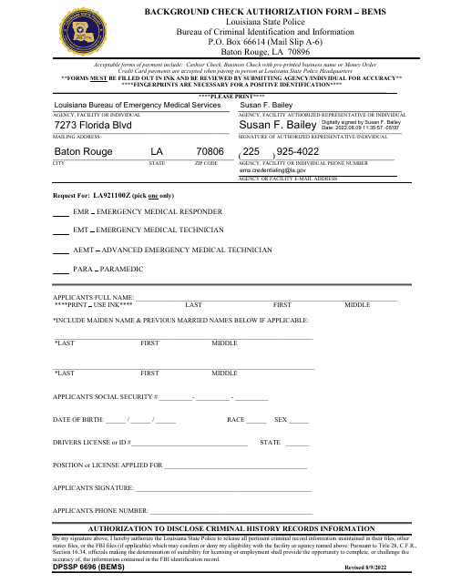 Form DPSSP6696 (BEMS) Background Check Authorization Form - Bems - Louisiana