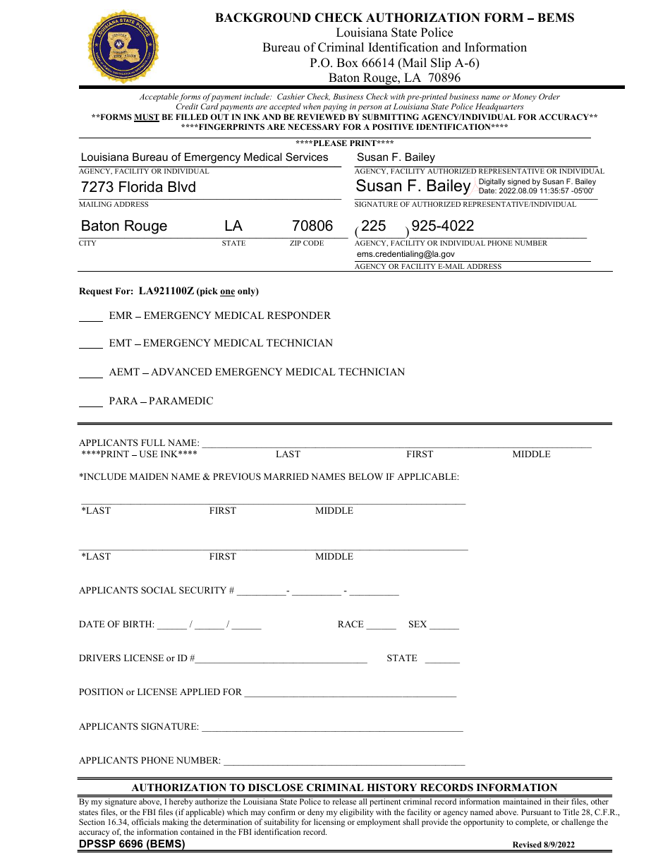 Form DPSSP6696 (BEMS) Background Check Authorization Form - Bems - Louisiana, Page 1