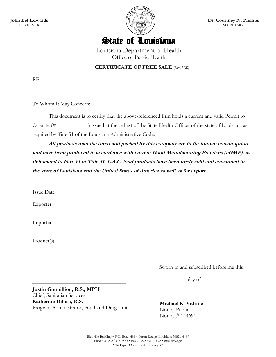 Louisiana Certificate Of Free Sale Fill Out Sign Online And Download Pdf Templateroller 7733