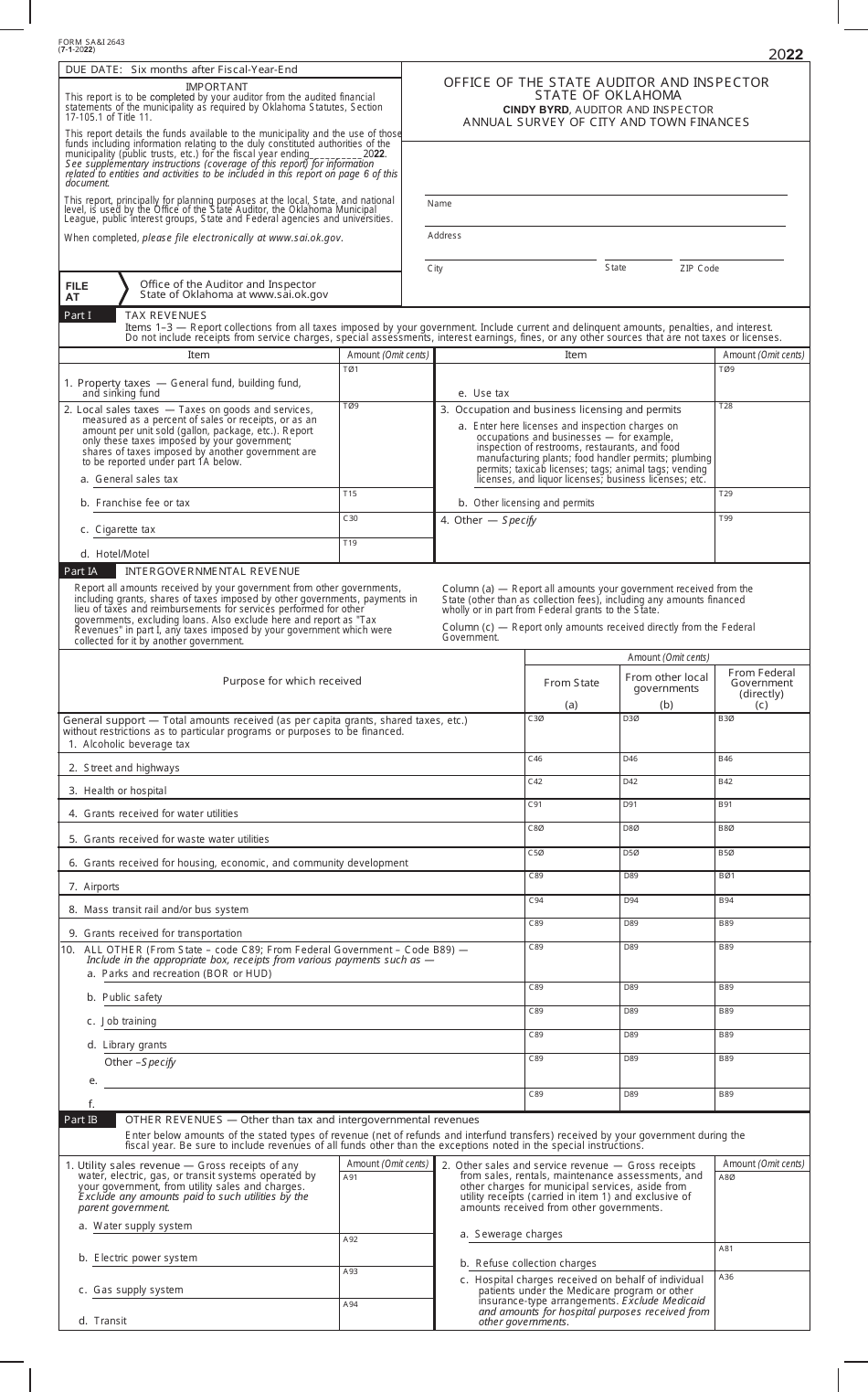 Form SAI2643 Annual Survey of City and Town Finances Form - Oklahoma, Page 1