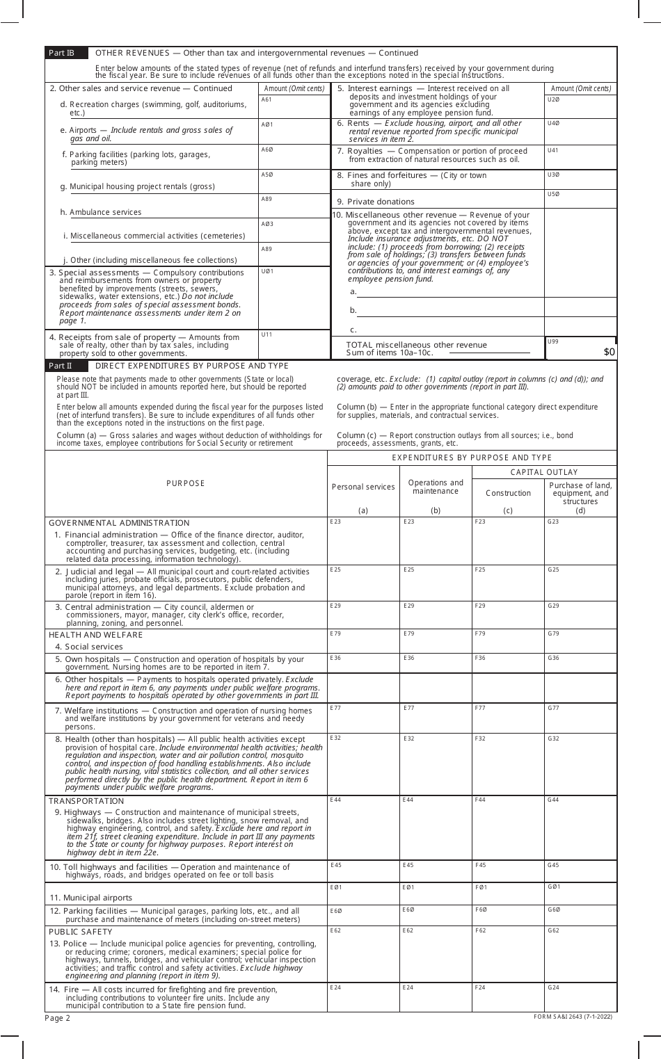 Form SAI2643 Annual Survey of City and Town Finances Form - Oklahoma, Page 2