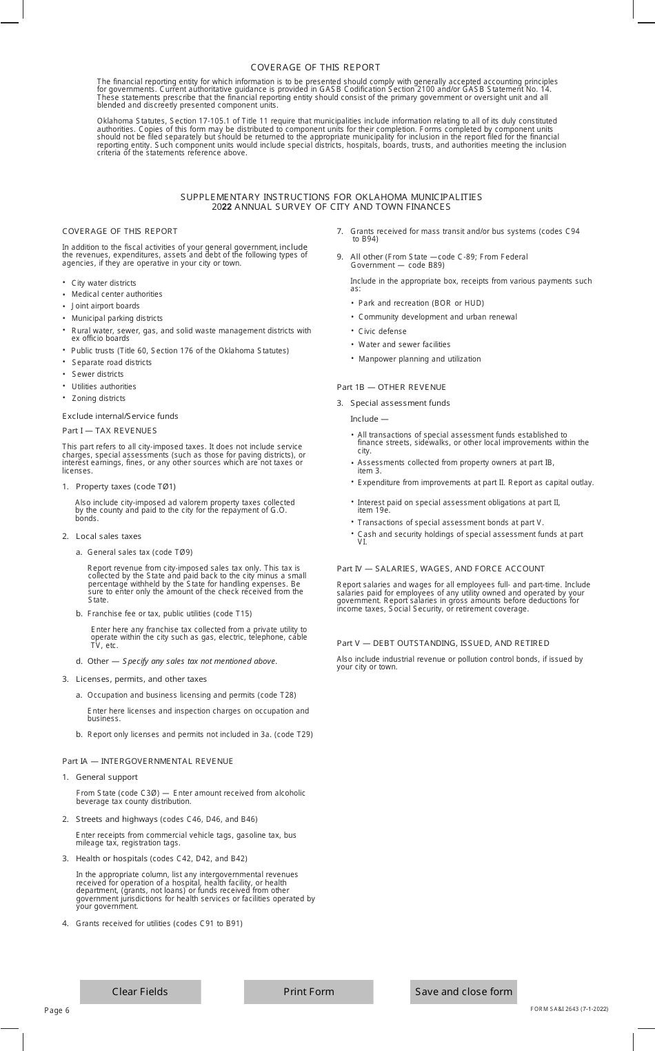Form SAI2643 Annual Survey of City and Town Finances Form - Oklahoma, Page 6