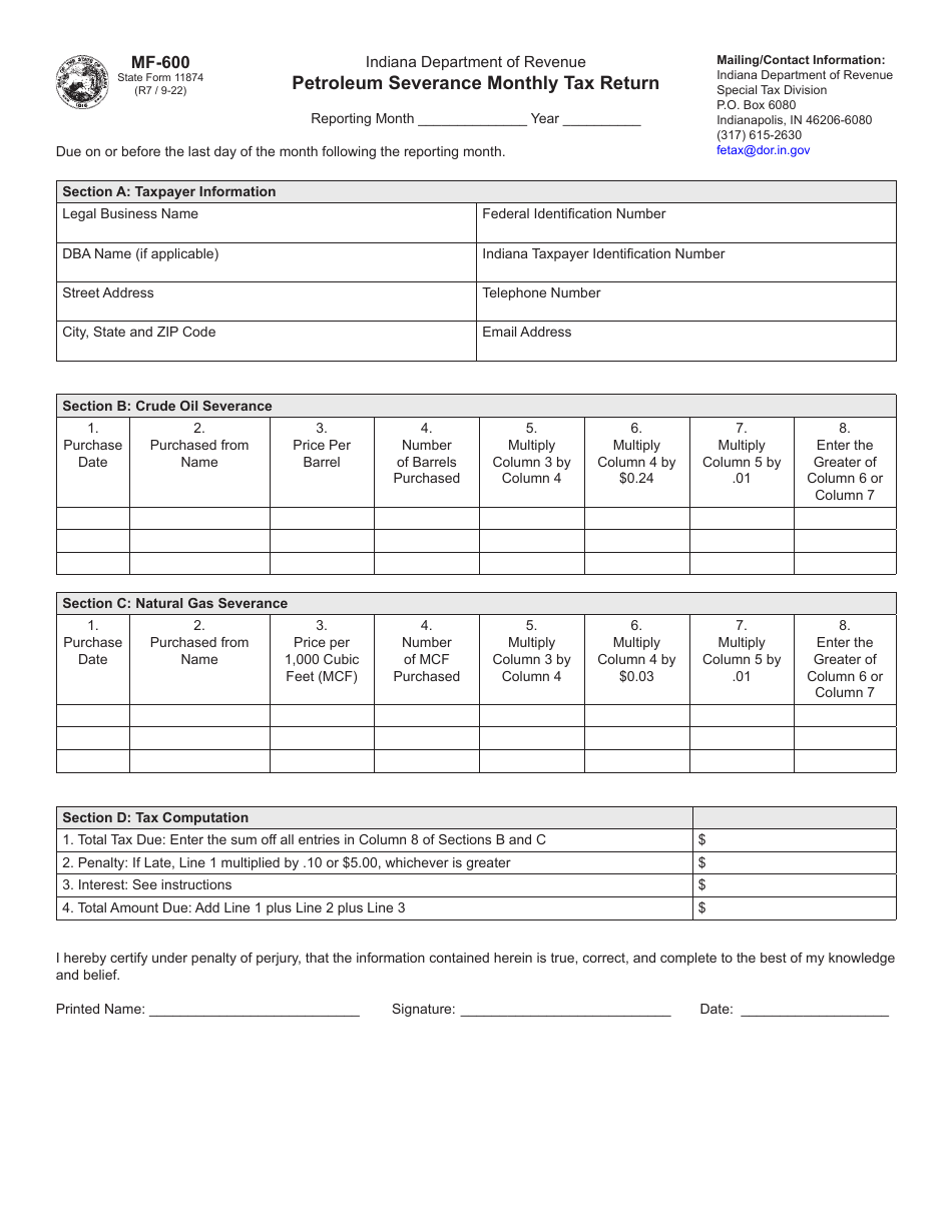 Form MF-600 (State Form 11874) Petroleum Severance Monthly Tax Return - Indiana, Page 1