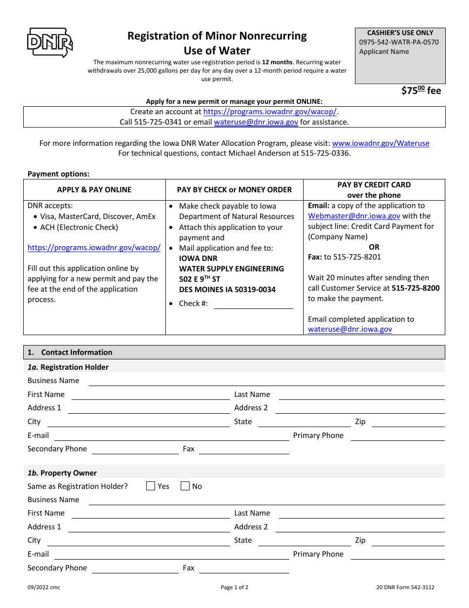 DNR Form 542-3112 Registration of Minor Nonrecurring Use of Water - Iowa, Page 1