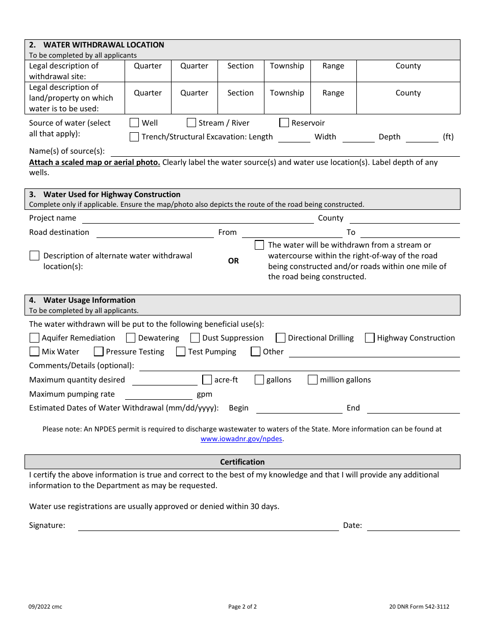 DNR Form 542-3112 Registration of Minor Nonrecurring Use of Water - Iowa, Page 2