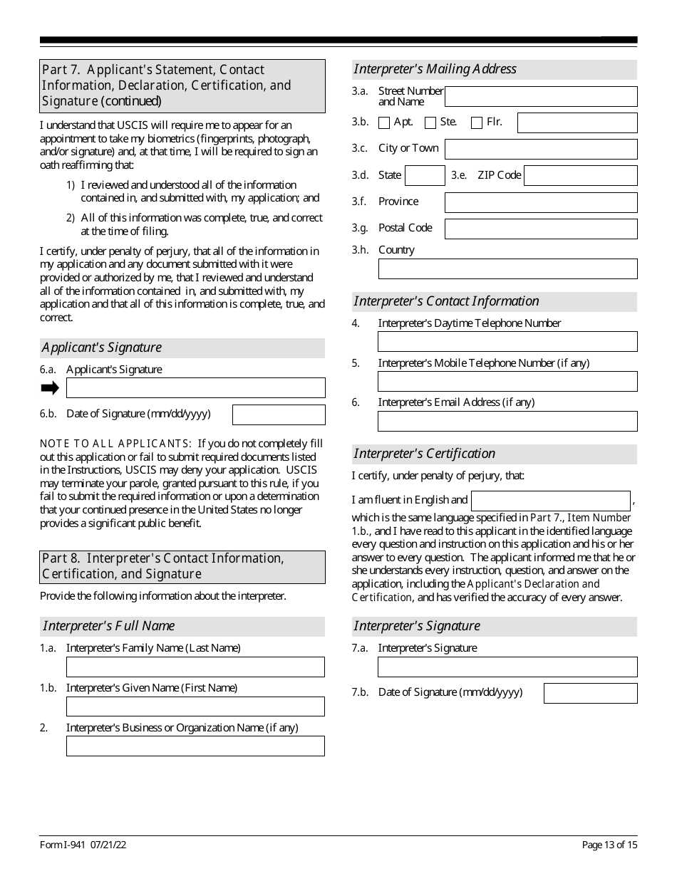 USCIS Form I-941 Application for Entrepreneur Parole, Page 13