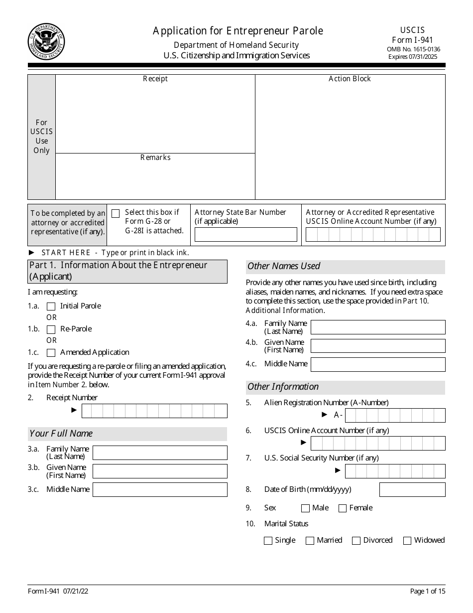 USCIS Form I-941 Application for Entrepreneur Parole, Page 1