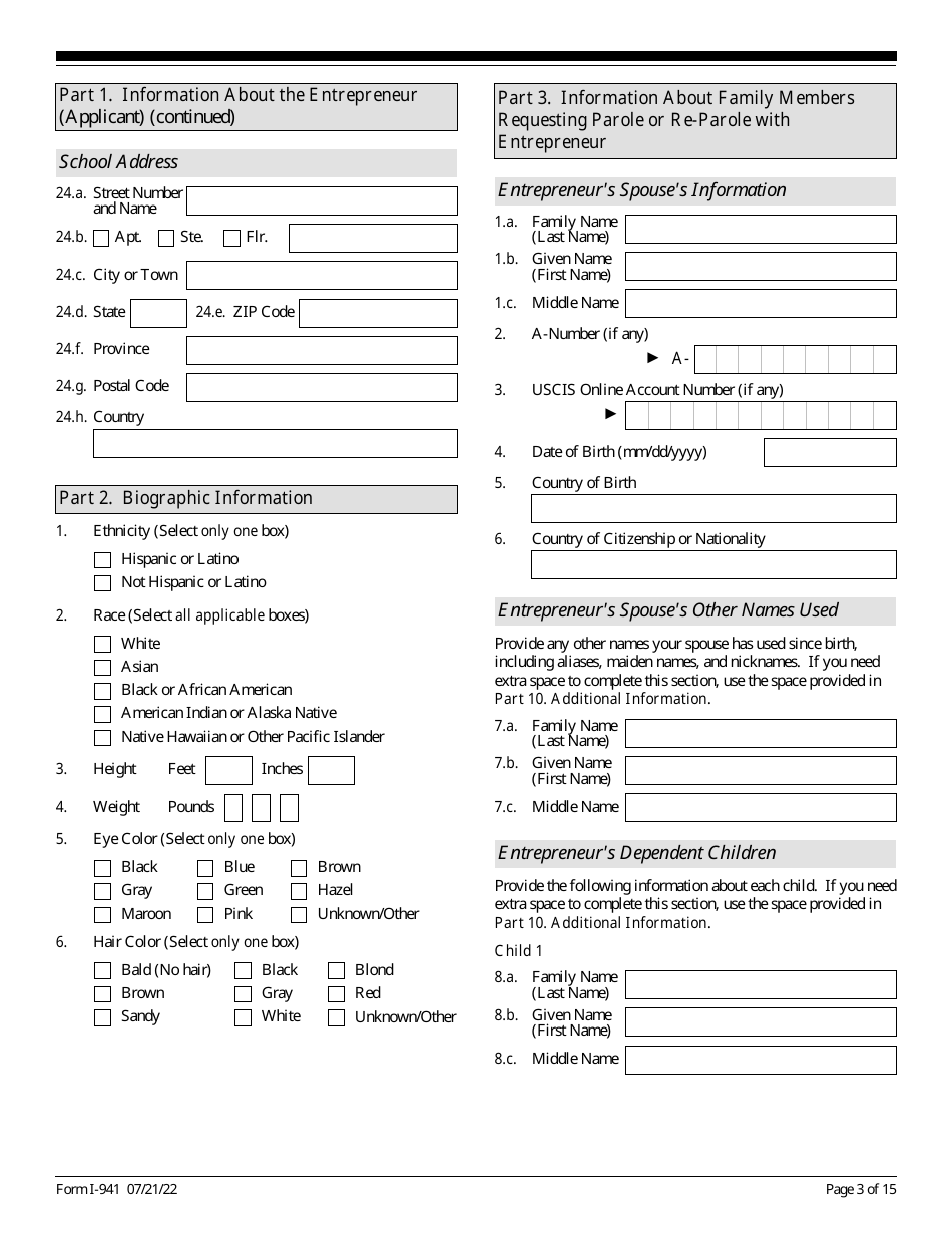 USCIS Form I-941 Application for Entrepreneur Parole, Page 3