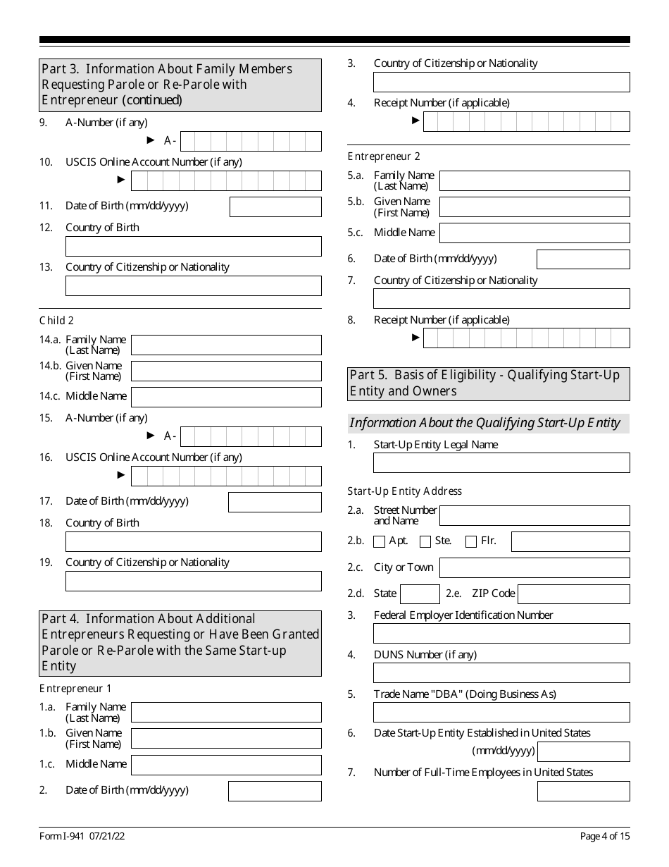 USCIS Form I-941 Application for Entrepreneur Parole, Page 4