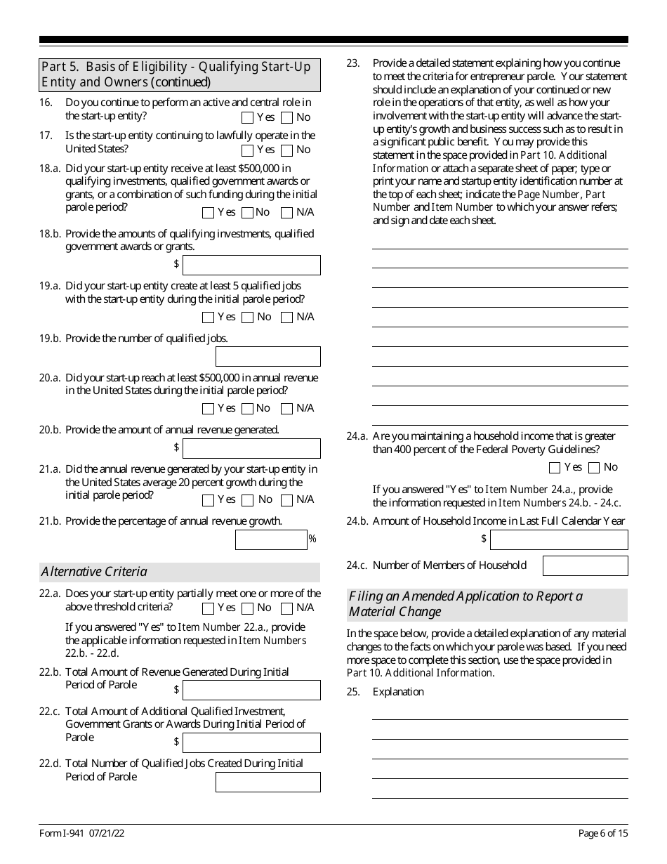 USCIS Form I-941 Application for Entrepreneur Parole, Page 6