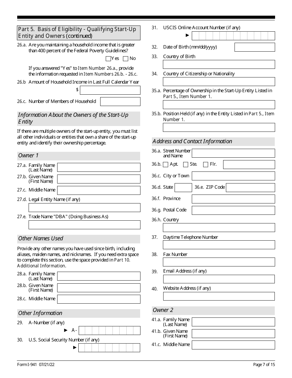 USCIS Form I-941 Application for Entrepreneur Parole, Page 7