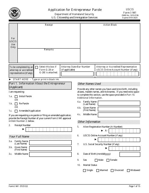 USCIS Form I-941 Application for Entrepreneur Parole
