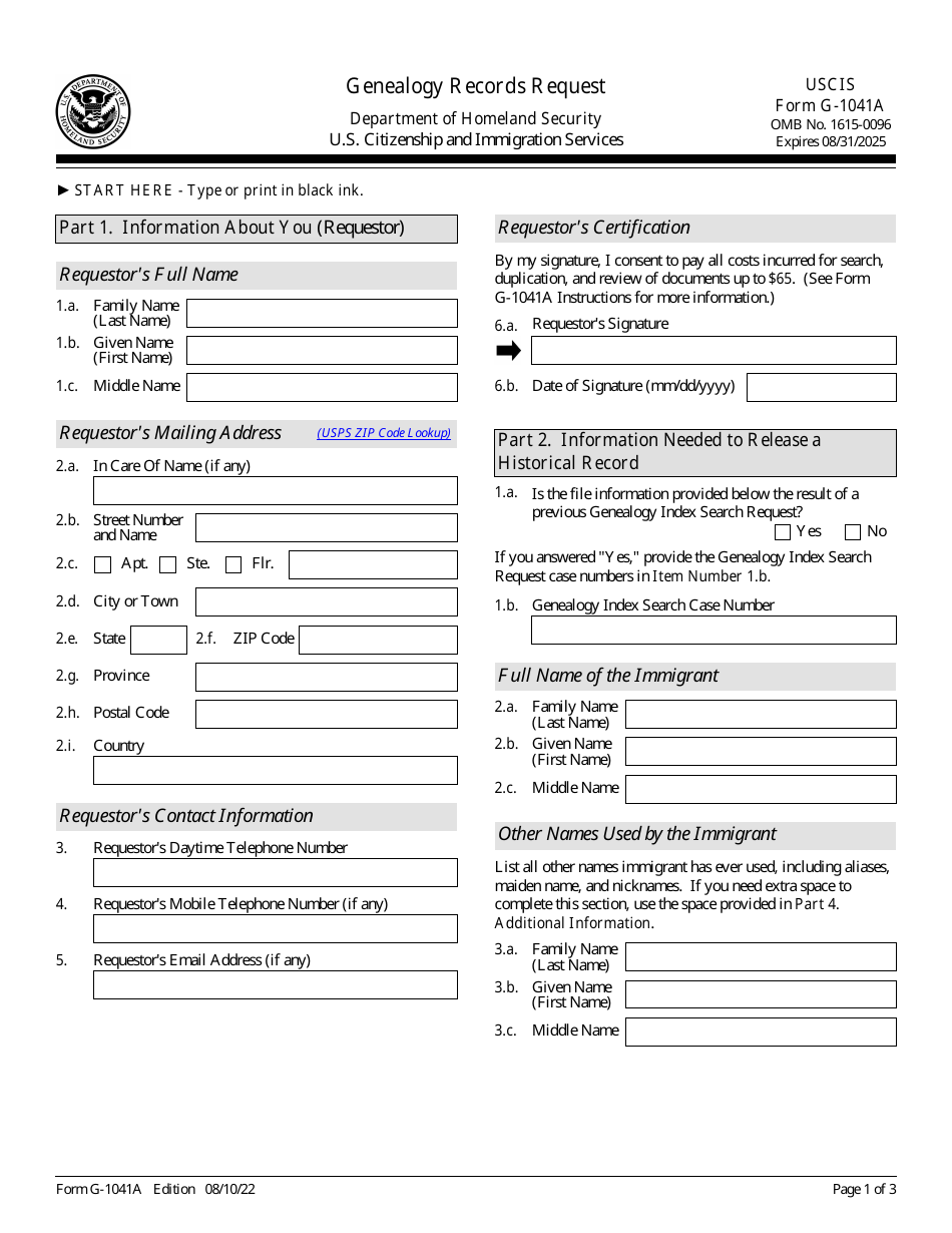 USCIS Form G-1041A Genealogy Records Request, Page 1