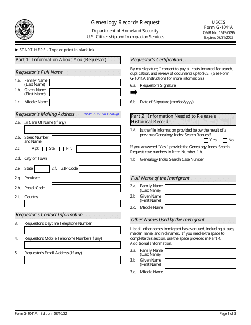 USCIS Form G-1041A Genealogy Records Request