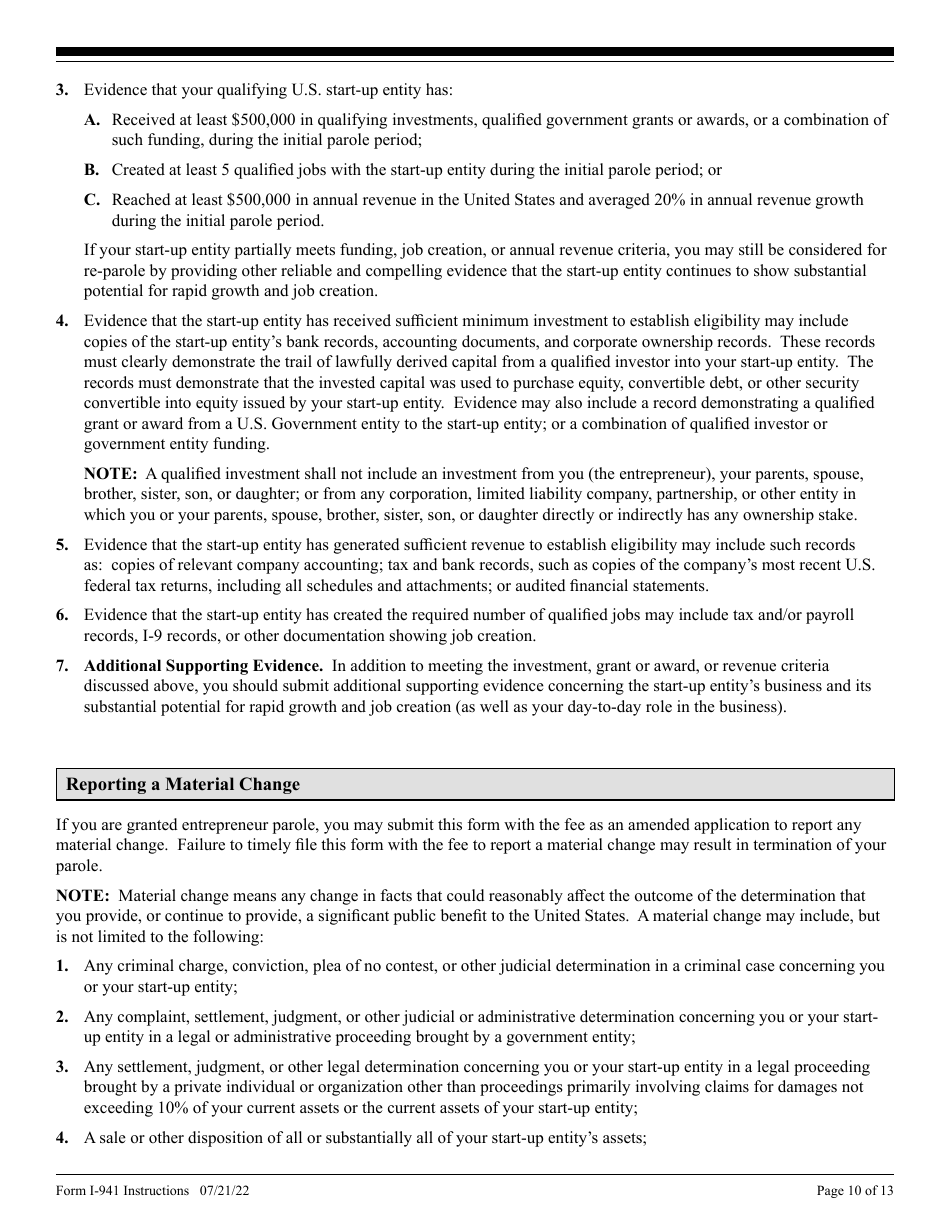 Instructions for USCIS Form I-941 Application for Entrepreneur Parole, Page 10