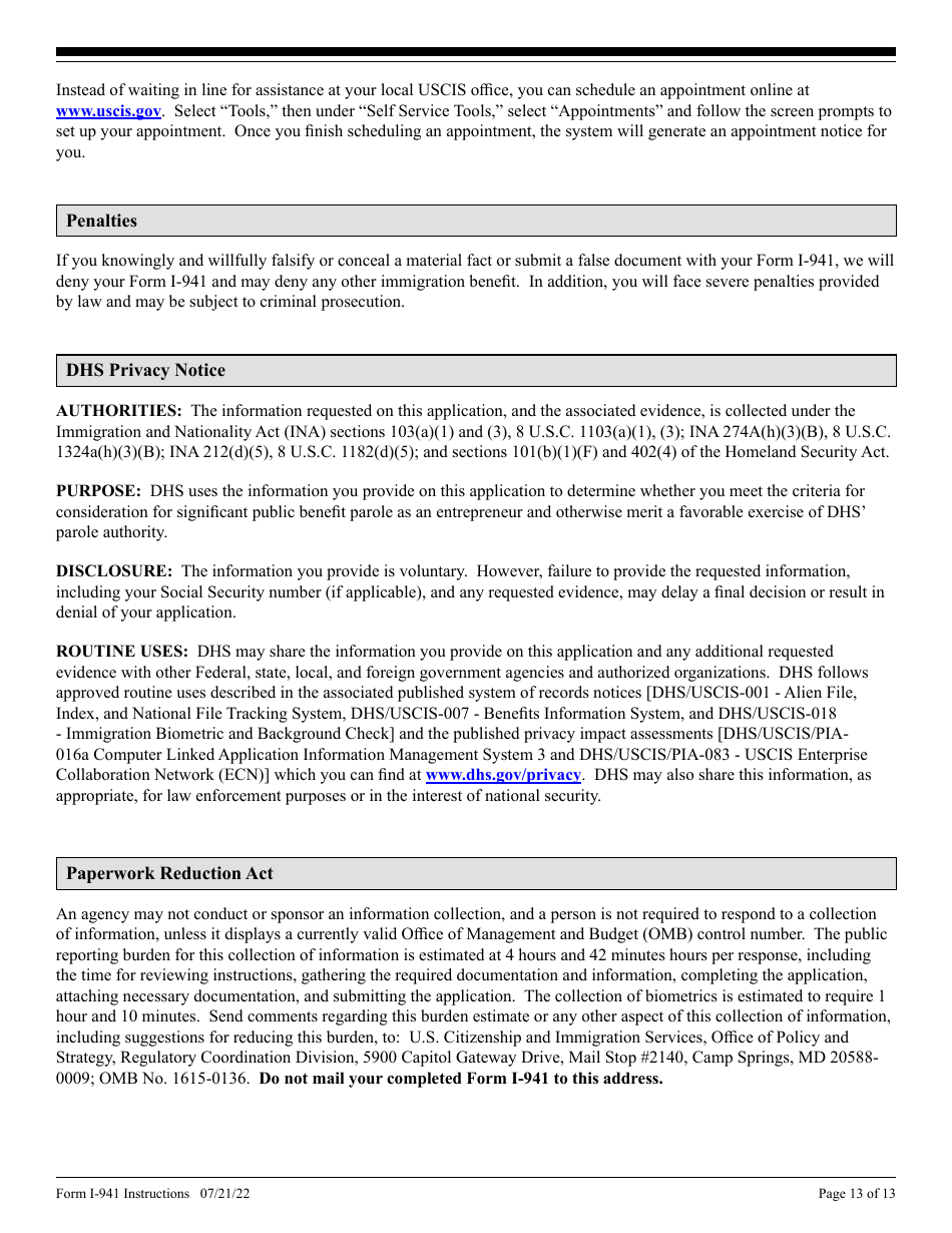 Instructions for USCIS Form I-941 Application for Entrepreneur Parole, Page 13