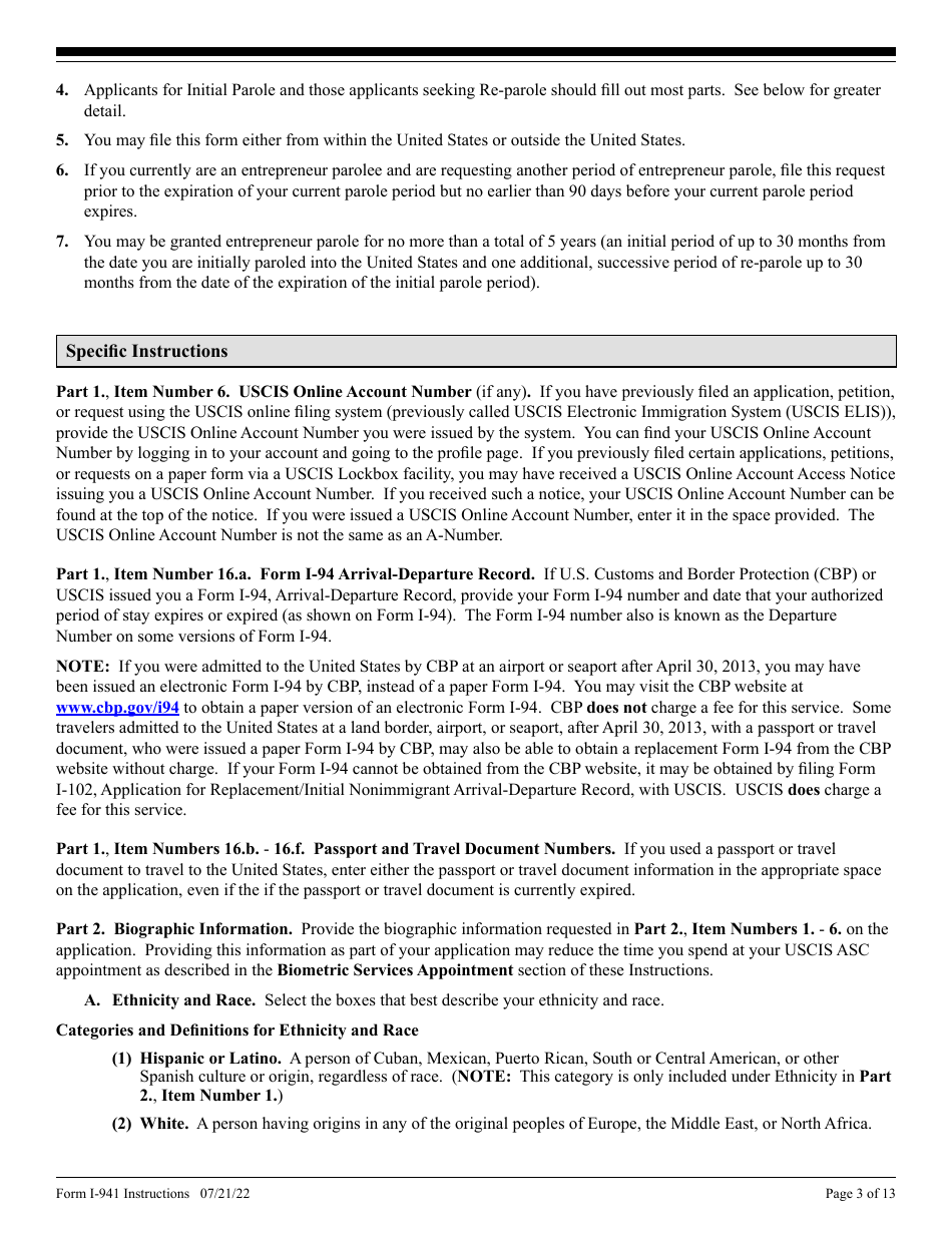 Download Instructions for USCIS Form I-941 Application for Entrepreneur ...